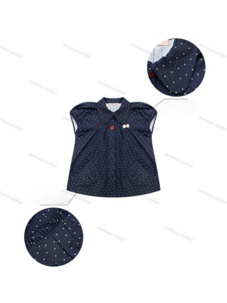 Vintage Doll Collar Polka Dot Deep Blue Short-Sleeved Shirt【s0000017591】