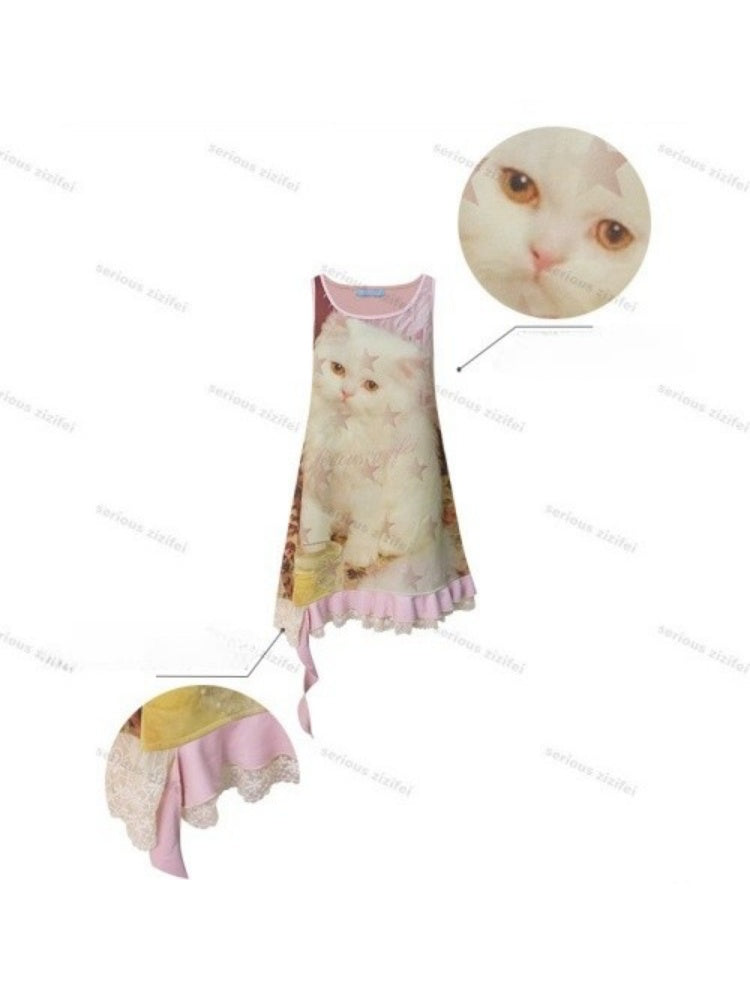 Cat Print Lace Irregular Hem Pink Vest Dress【s0000017593】