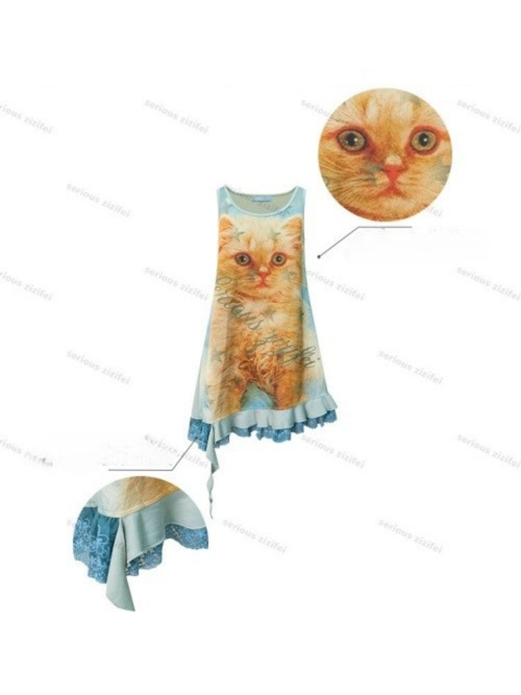 Cat Print Lace Irregular Hem Blue-Green Vest Dress【s0000017594】