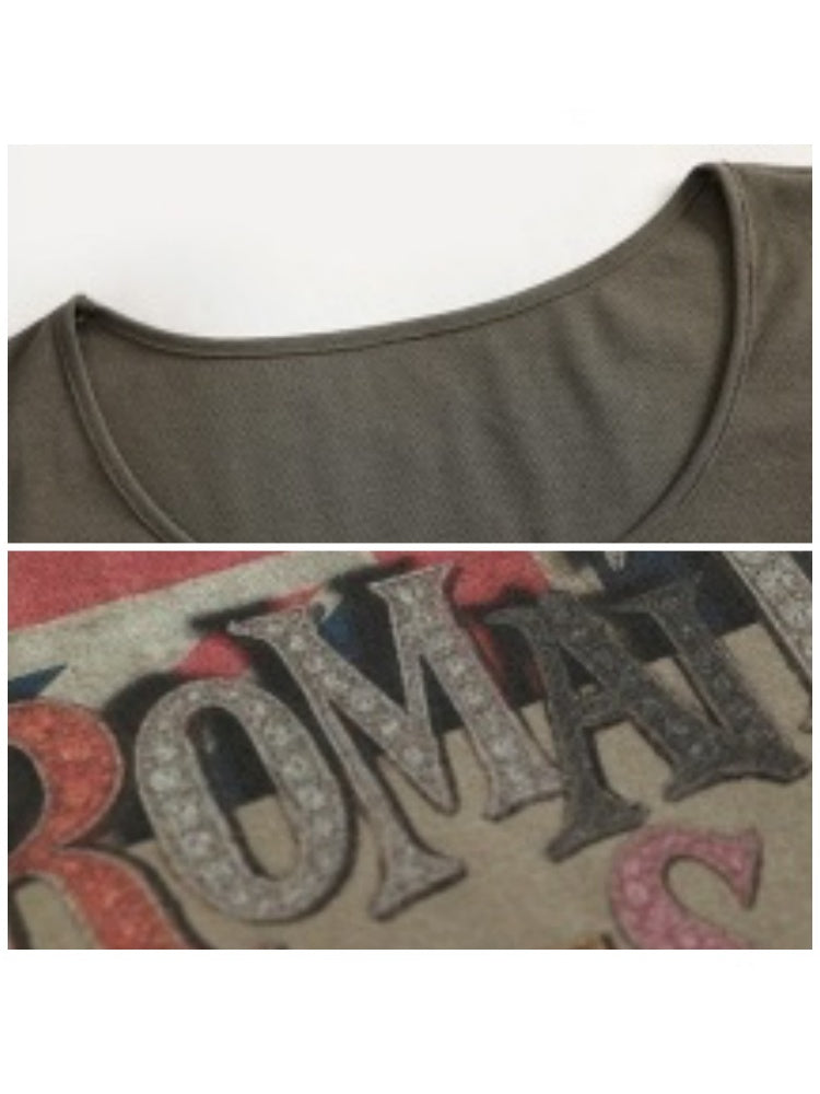 Printed Fitted Shoulder Slightly Elastic Hem U-Neck Short Sleeve T-Shirt【s0000017605】