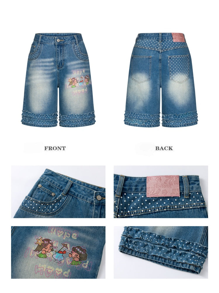 Polka Dot Lace Straight-Leg Five Quarter Denim Pants【s0000017622】