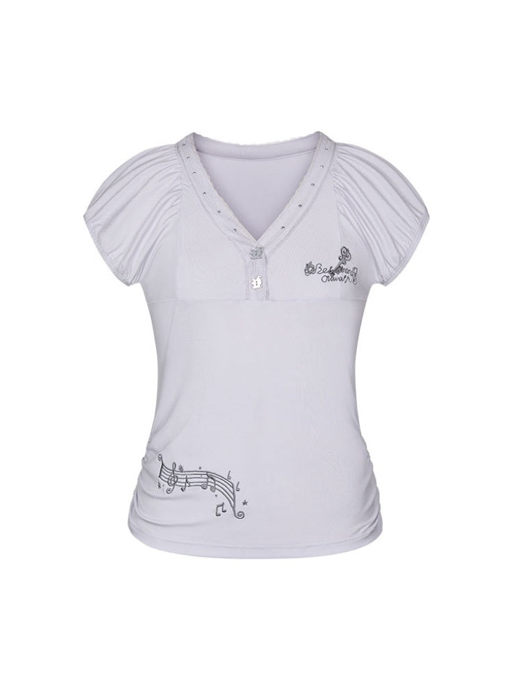 Lace Edge Embroidered Flower Bud Short-Sleeve T-Shirt【s0000017779】