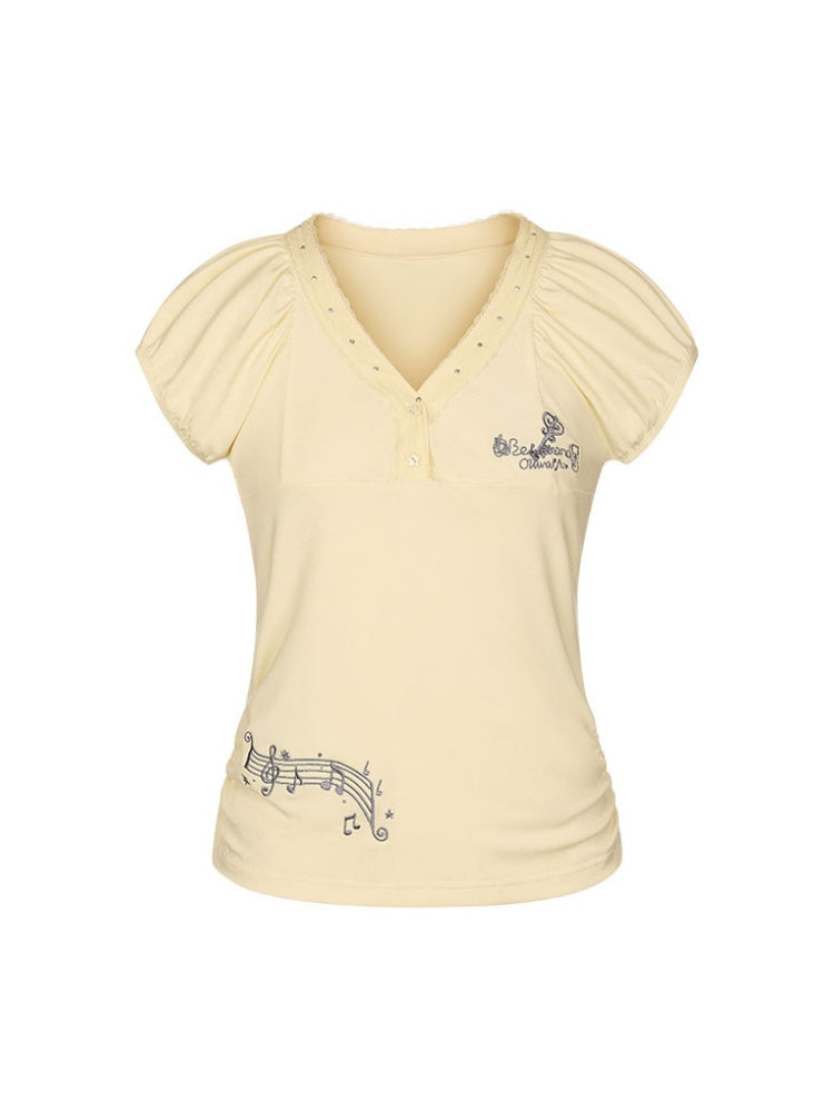 Lace Edge Embroidered Flower Bud Short-Sleeve T-Shirt【s0000017779】