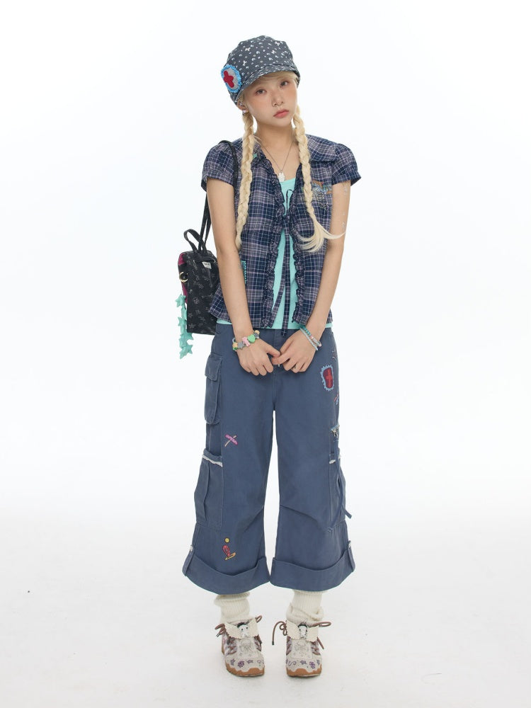 Tie-Up Rhinestone Purple Short Sleeved Gingham Shirt【s0000017780】