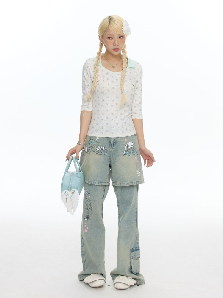 Fake Two-Piece Printed Rhinestone Slimming Washed Pants【s0000017781】