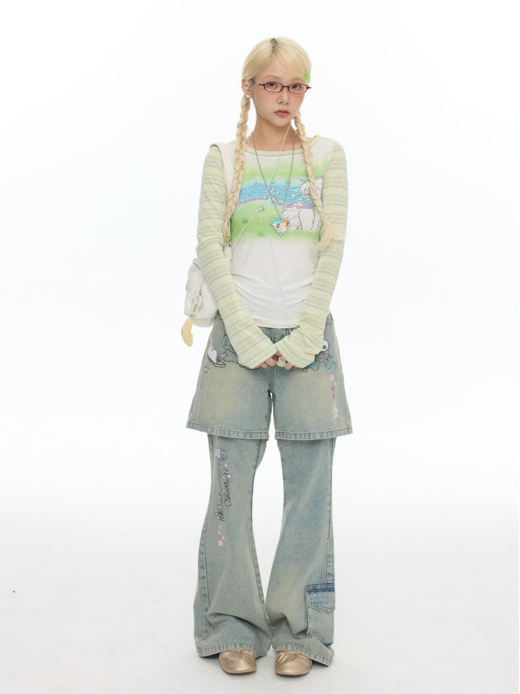 Green Note Striped Contrasting Shoulder Length Shirt【s0000017783】