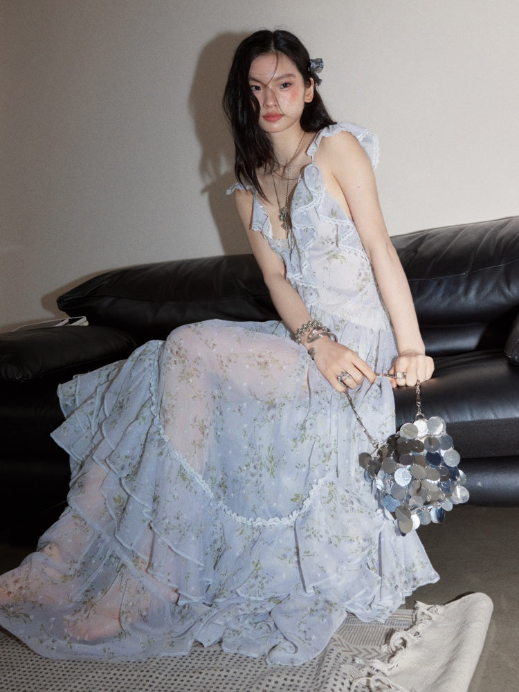 Vacation Floral Morning Mist Blue Airy Ruffled Extra-Long Dress【s0000017797】