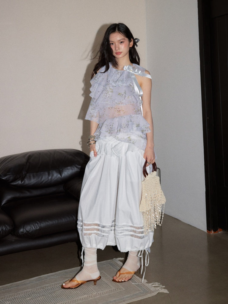 Romantic Floral Airy Morning Mist Blue Irregular Ruffled Strap Tank Top【s0000017798】