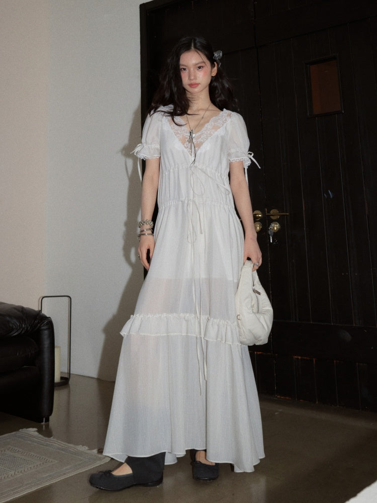 Romantic Lazy Urban All White Relaxed Deep V-Neck Stripe Lace-Up Dress【s0000017799】