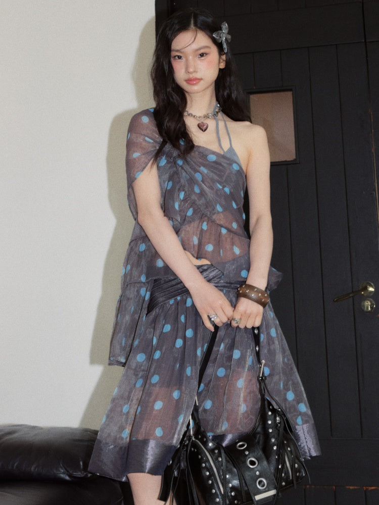 Vintage Girly Airy Semi-Transparent Polka Dot Asymmetrical Ruffle Vest Umbrella Skirt【s0000017802】