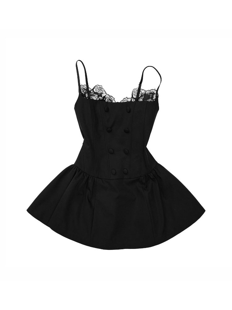 Lace Patchwork Napoleon Double-Breasted Waist-Cinching Faux Two-Piece Strap Fishbone Dress【s0000017818】