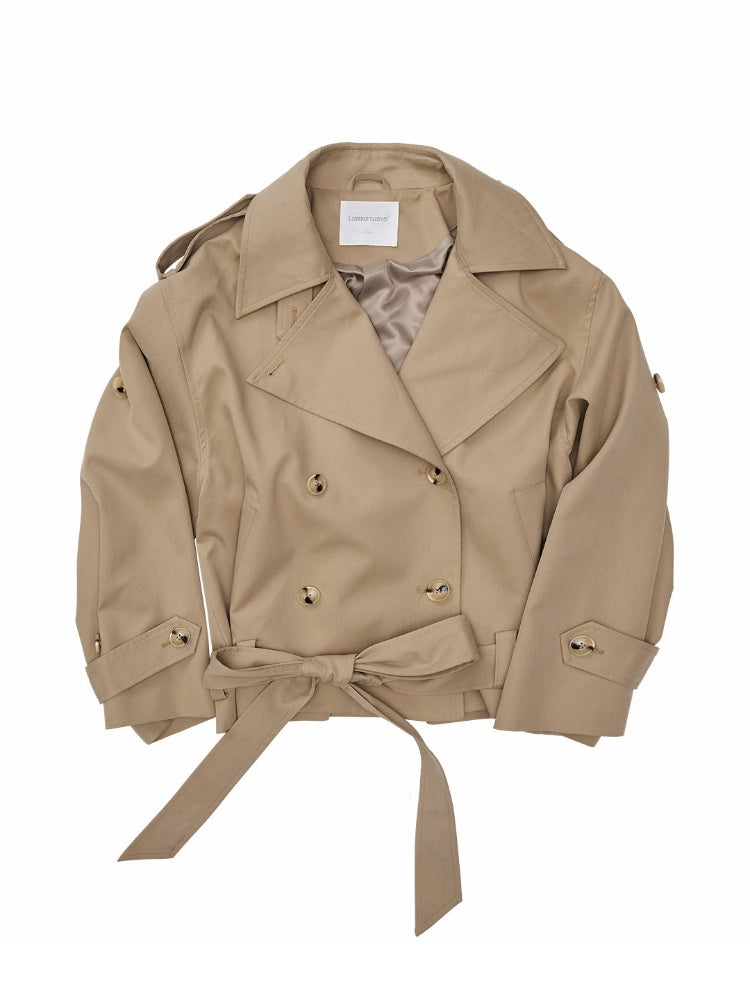 Stand Collar Curved Shoulder Silhouette Large Lapel Double-Breasted Mid-Short Tie-waisted Trench Coat【s0000017830】