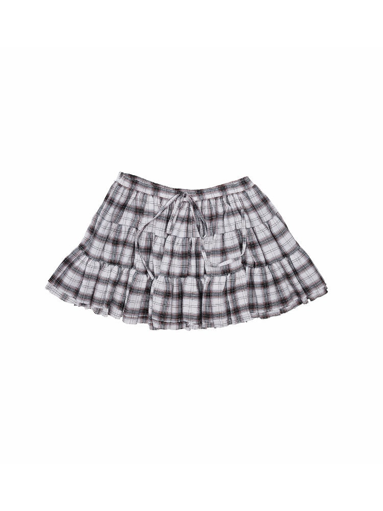 Early Vintage Fitted Plaid Shirt Cake Skirt Pants Two-Piece Set【s0000017837】