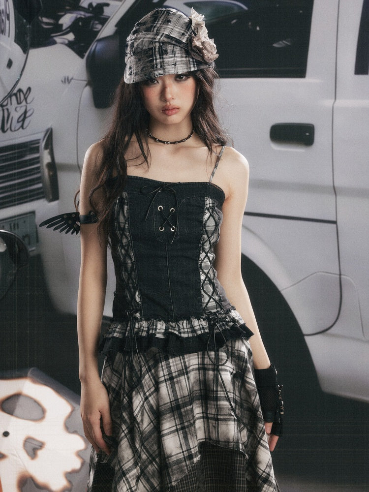 Plaid Patchwork Ruffled Denim Camisole【s0000017943】