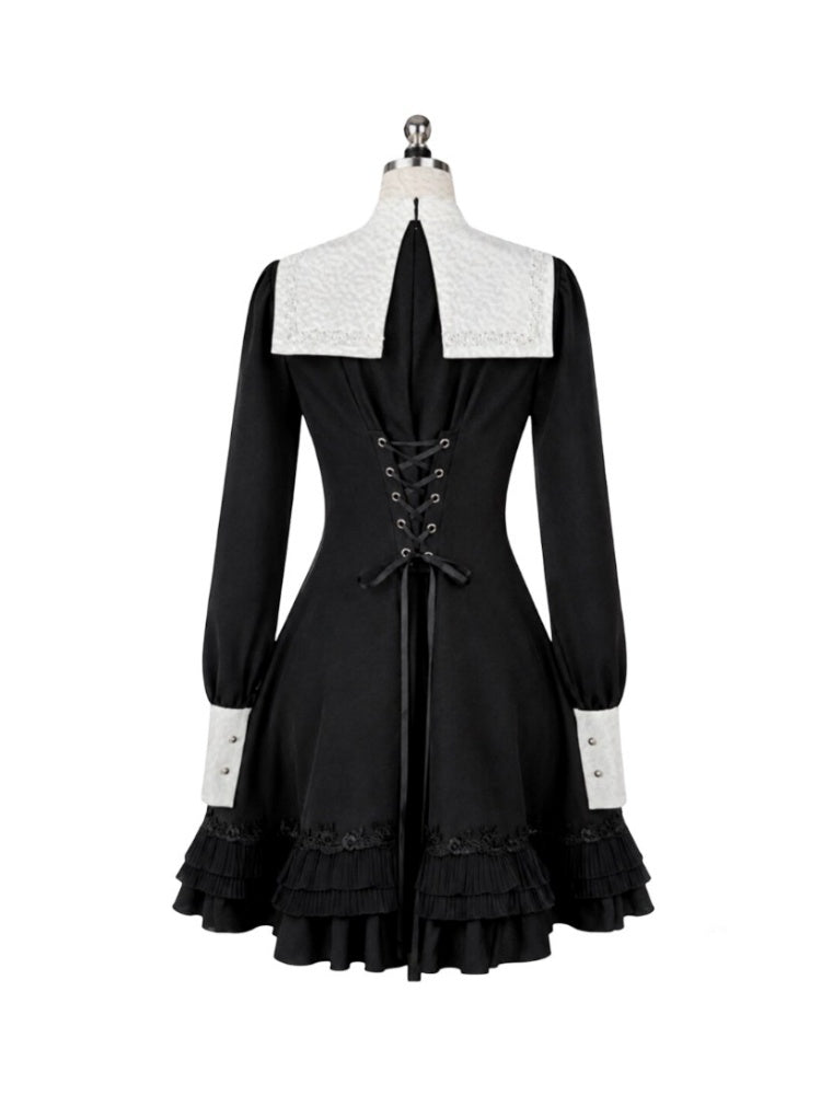 Gothic Puff Sleeve Six-Piece Waist-Cut Nun-Style Dark Dress【s0000018012】