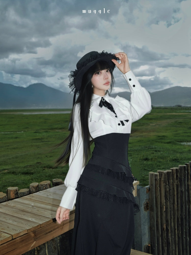 French Black Cape Waist-Cinching Retro Temperament Fishtail Dress【s0000018020】