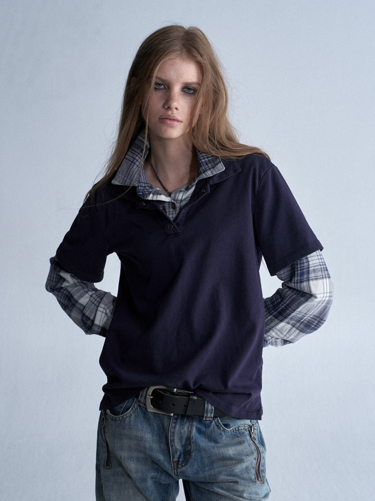 Faux Two-Piece Double-Layer Collar Vintage Plaid Patchwork Long-Sleeve Loose Washed T-Shirt【s0000018040】