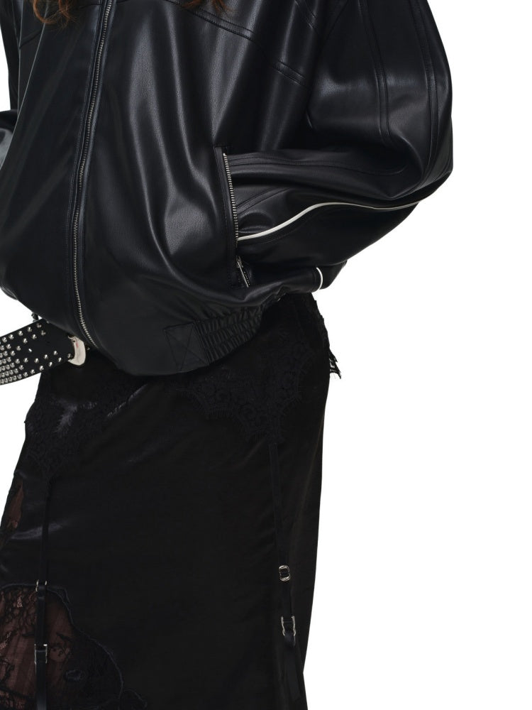 High-End Casual Relaxed Loose Color-Blocked Biker PU Leather Short Black Jacket【s0000018136】