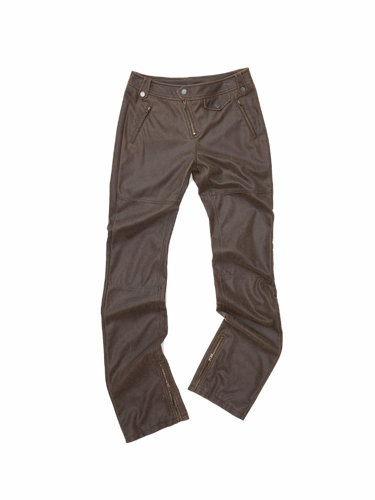 Vintage Distressed Washed Flared Slim Leather Straight-Leg Long Pants【s0000018137】