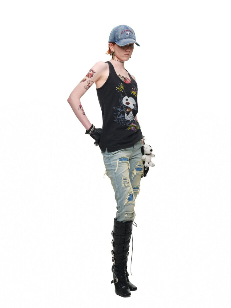 Vintage Double-Layer HeavyWeight Slim Straight-Leg Distressed Jeans【s0000018139】