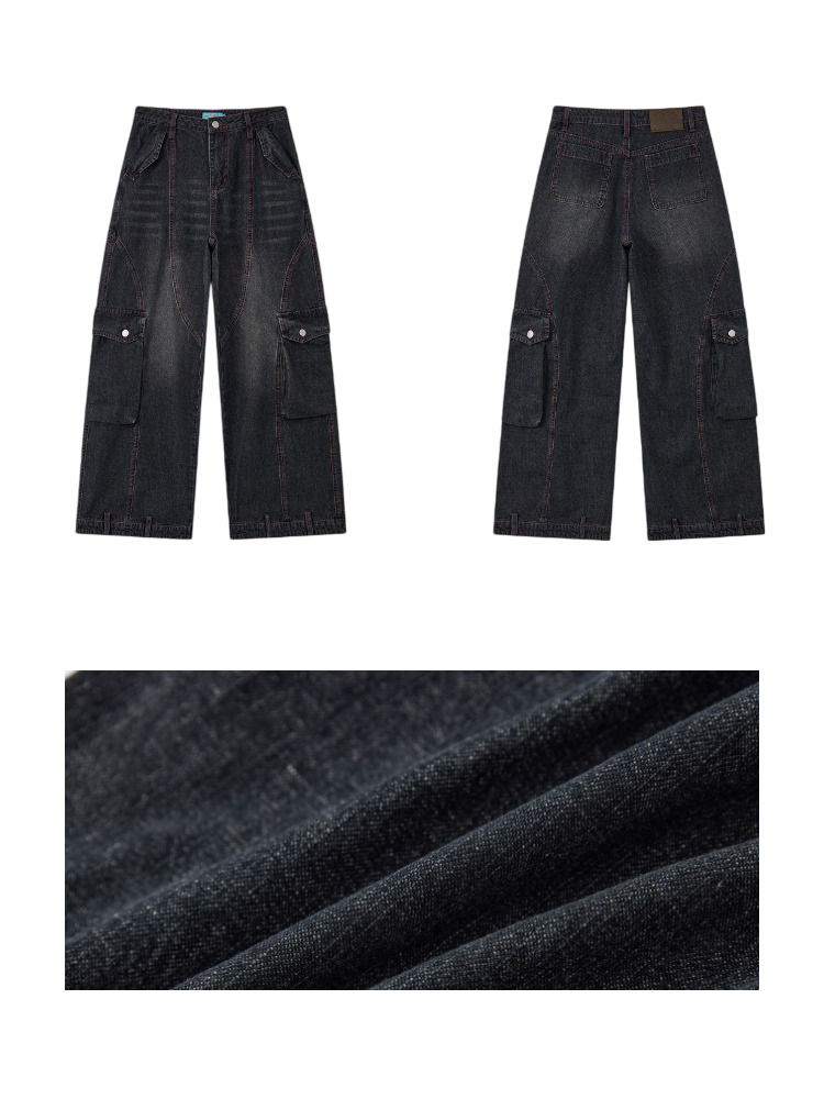 Washed Heavy Industry Vintage Wide-Leg Large Pocket Workwear Jeans【s0000018171】