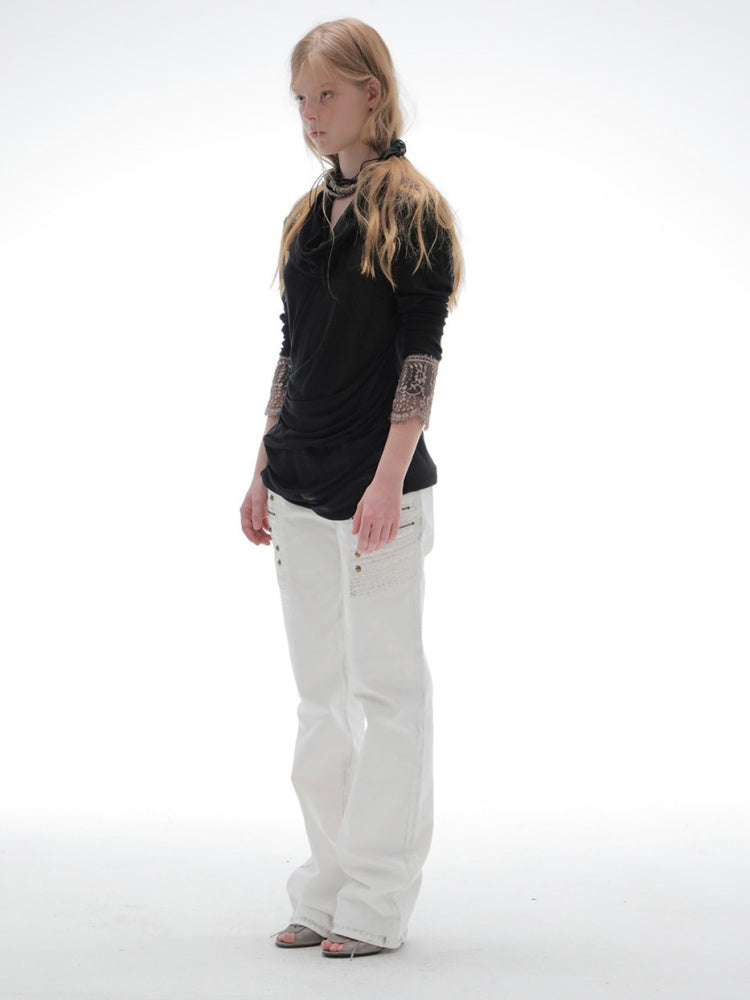Swaying Collar Pleated Romantic Lace Long-Sleeve Top【s0000018392】