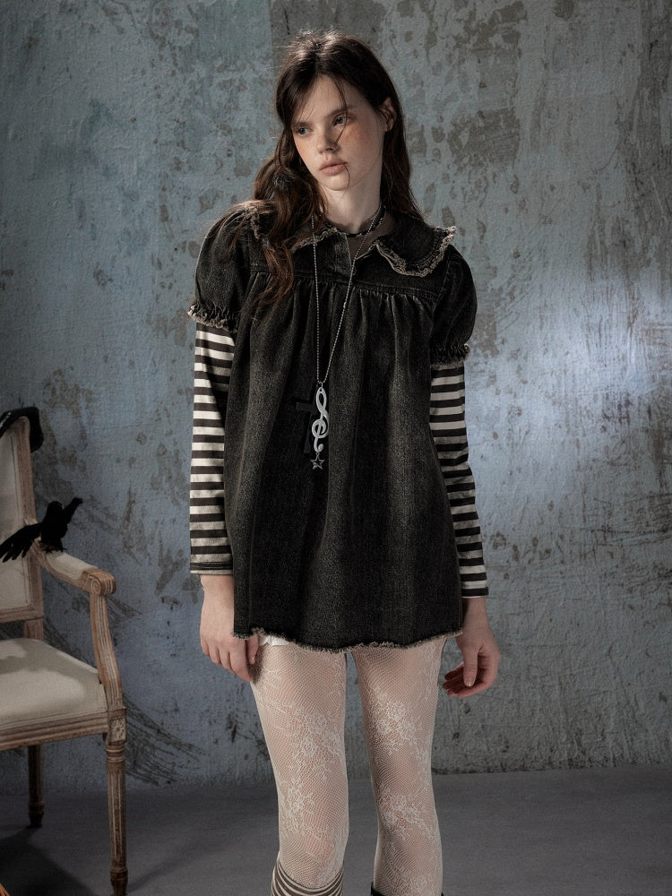 Striped Patchwork Denim Skirt Fake Two Doll Collar Dress【s0000018399】
