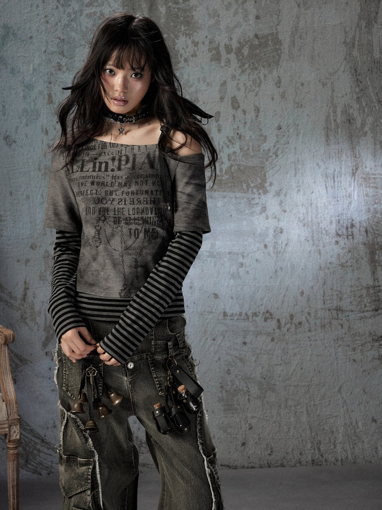 Striped Cross-Shoulder Patchwork Fake Two-Piece Off-Shoulder Long Sleeve T-Shirt【s0000018400】