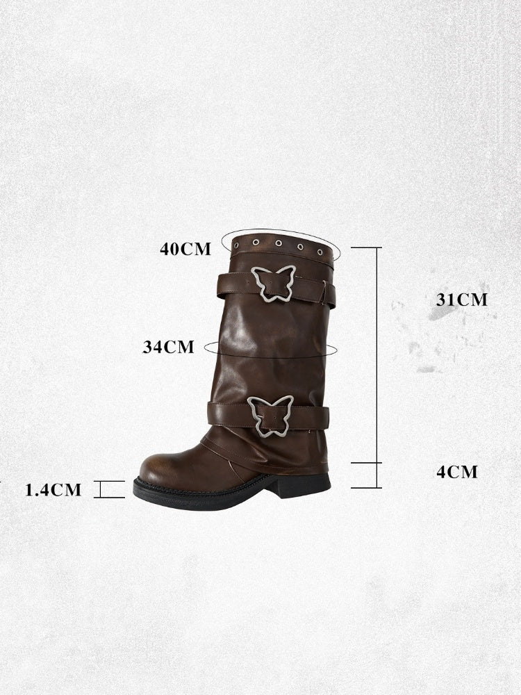 Butterfly Button Distressed Pile Thick-Soled Knee-High Long Boots【s0000018406】