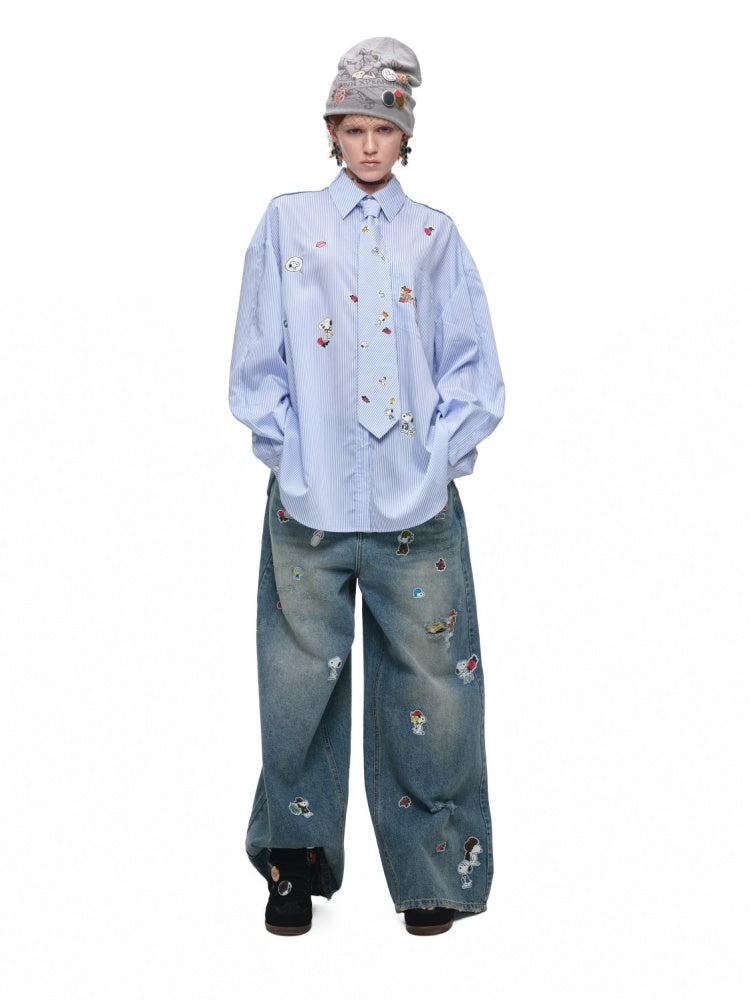 1JINN STUDIO x Snoopy Collaboration Sticker Print Vintage Loose Straight-Leg Ripped Floor-Length Denim Pants【s0000018140】
