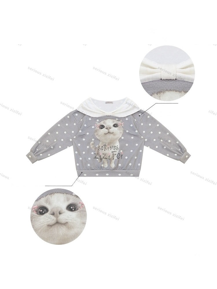 Big Face Cat Print Retro Sweet Cute Gray Polka Dot Slimming Sweatshirt【s0000018415】