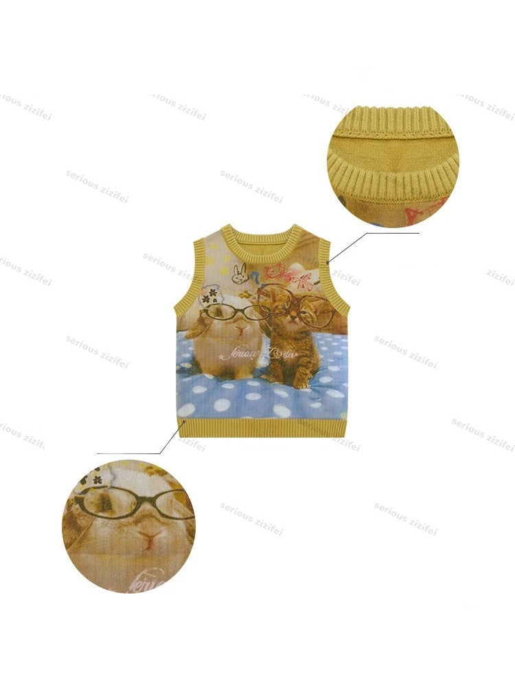 Meow Dream Vintage Yellow Cat Print Playful Girlish Slimming Vest【s0000018419】