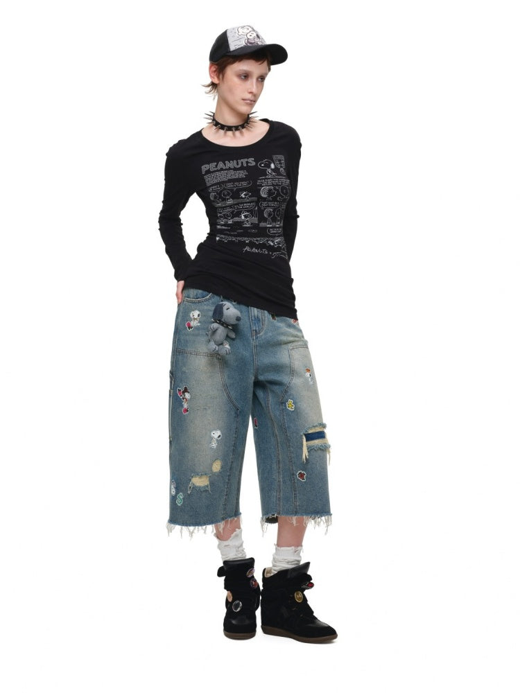1JINN STUDIO x Snoopy Collaboration Sticker Print Vintage Street Loose Straight Leg Seven-Point Jeans【s0000018141】