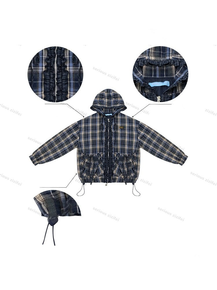 Retro Collegiate Style Navy Plaid Hooded Zipper Lazy Casual Jacket【s0000018421】