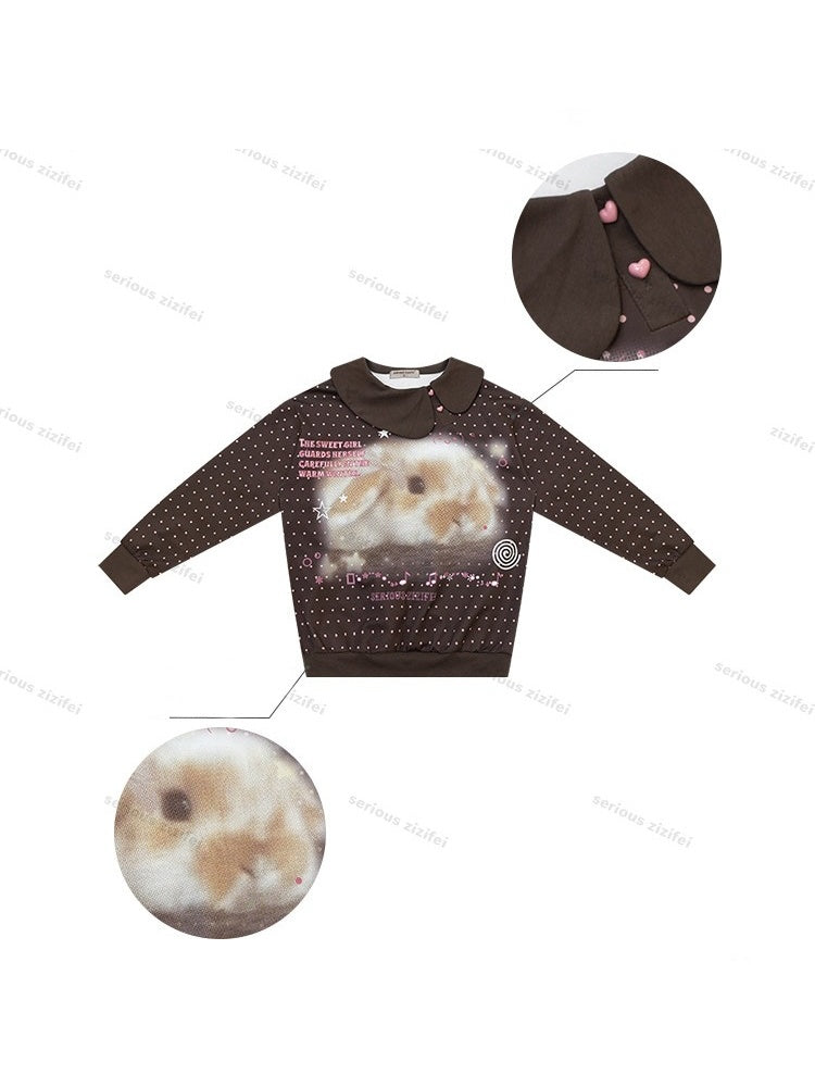 Bunny Print Polka Dot Doll Diagonal Brown Slimming Sweatshirt【s0000018430】