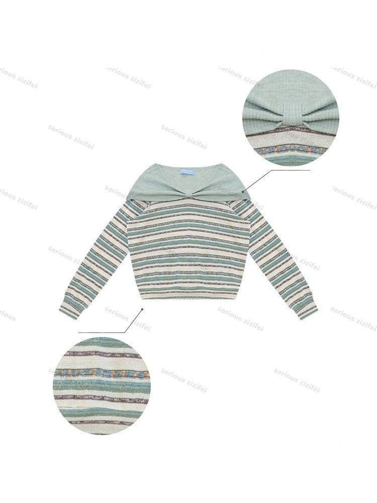 Pastoral Fragment Design Slimming Green Stripe Long-Sleeve Knit Tops【s0000018432】