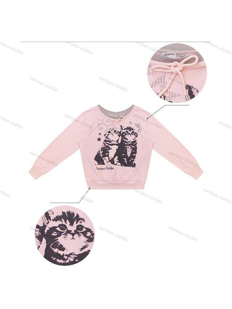 Musical Note Starlight Vintage Pink Cat Print Crew Neck Tie Slimming Sweatshirt【s0000018433】