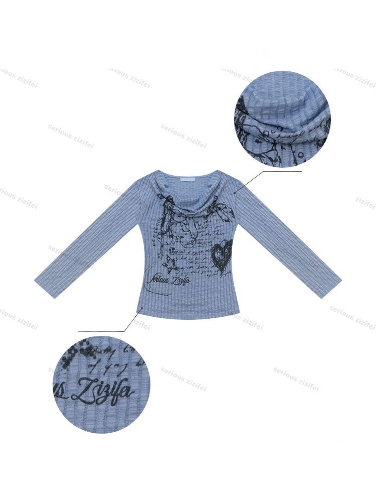 Graffiti Rabbit Blue Swaying Collar Slim Long-Sleeve Knit T-Shirt【s0000018435】