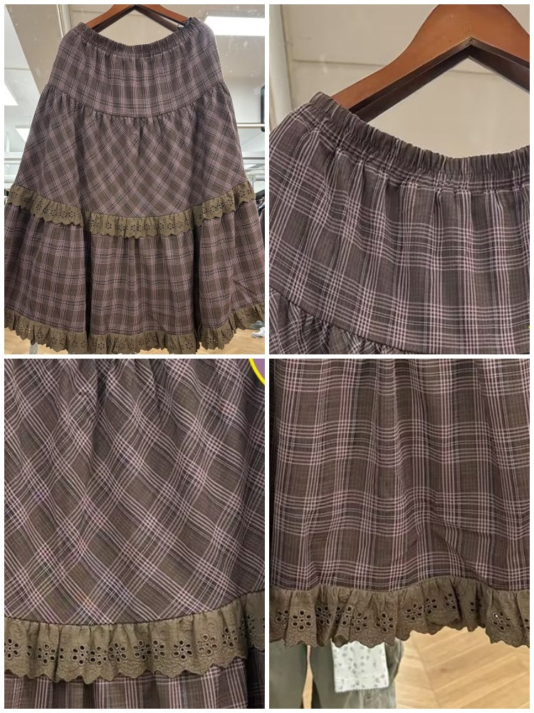 Vintage Brown Structured Anti-Wrinkle High-Waist Elastic A-Line Plaid Midi Skirt【s0000018574】