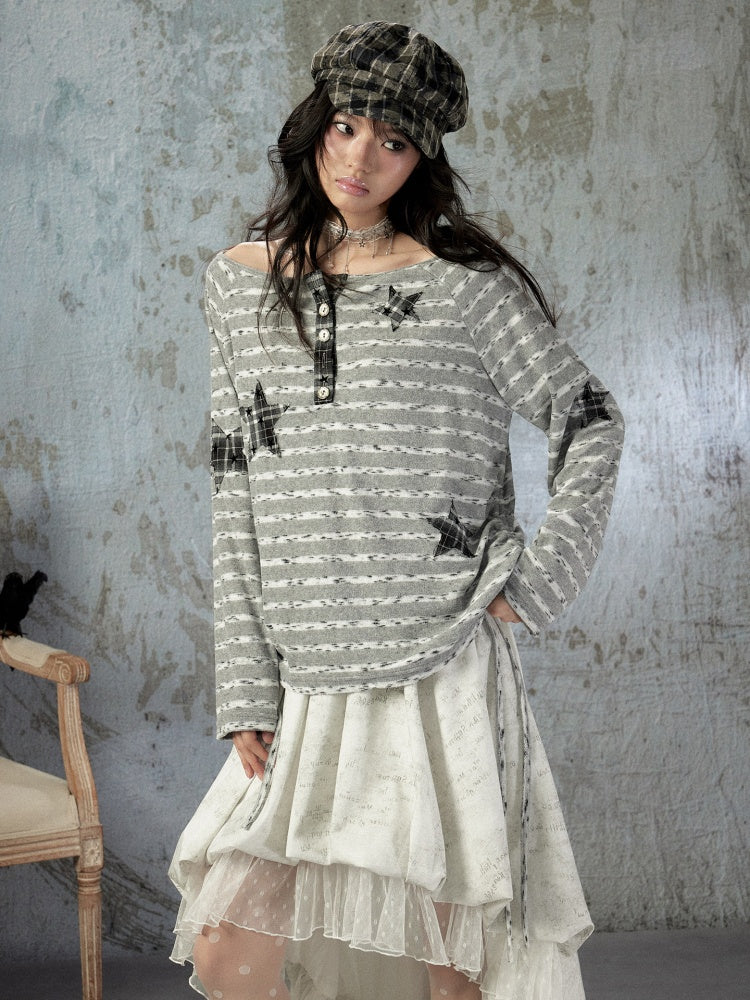Striped Off-Shoulder Long Sleeve T-Shirt【s0000018583】