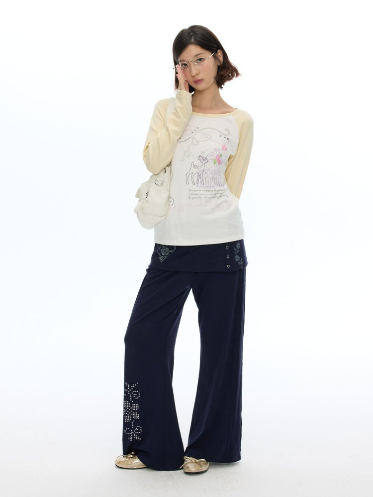 Vintage Rhinestone Faux Two-Piece Skirt Petite Slightly Flared Sweatpants【s0000018622】