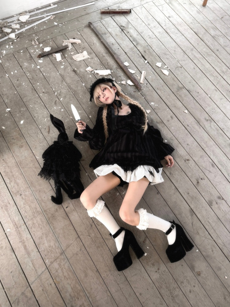 Large Bow Jacquard Striped Lace Black&White Doll Dress【s0000018625】
