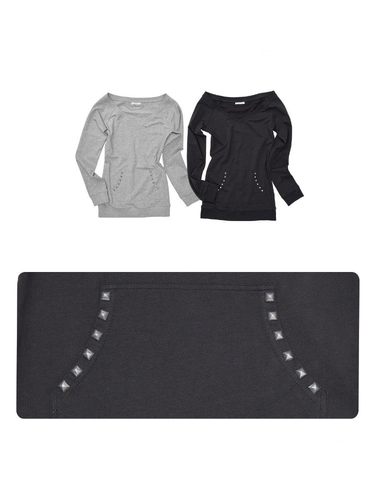 V-Neck Studded Solid Color Slim Mid-Length Sweatshirt Top【s0000018649】