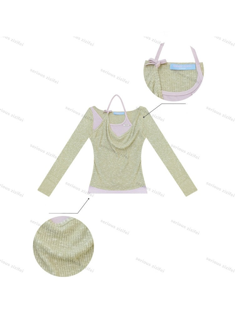 Vintage Fake Two-Piece Patchwork Green&Purple Halter Neck Knit Tops【s0000018764】
