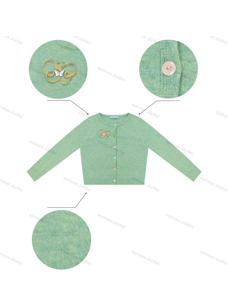 Vintage Butterfly Embroidery Soft Slimming Green Knit Cardigan【s0000018774】