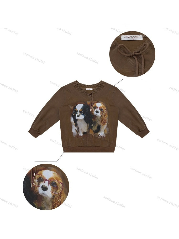 Brown Lace V-Neck Cute Dog Print Lace Lazy Style Sweatshirt【s0000018775】