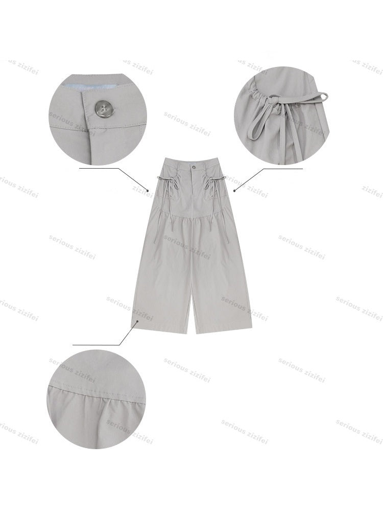 Light Gray Pockets High-Waisted Slimming Drape Wide-Leg Workwear Casual Long Pants【s0000018779】