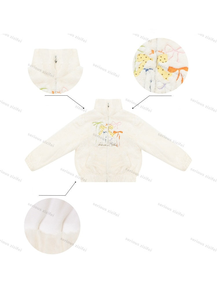 Vintage Bow Embroidery Soft Slimming Apricot Sherpa Jacket【s0000018794】