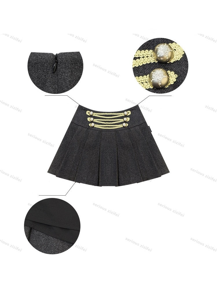Vintage High-Waisted Slimming Double-Breasted Dark Gray Academy-Pleated Short Skirt【s0000018796】