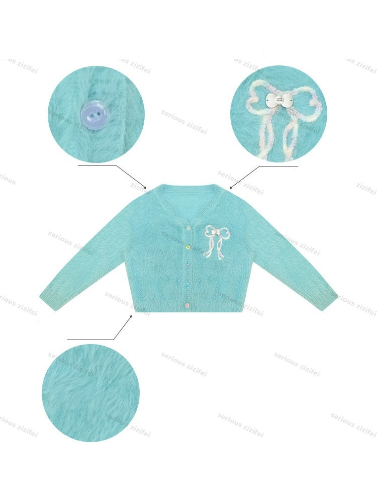Bow Colorful Button Teal Lazy Soft Knit Cardigan【s0000018803】